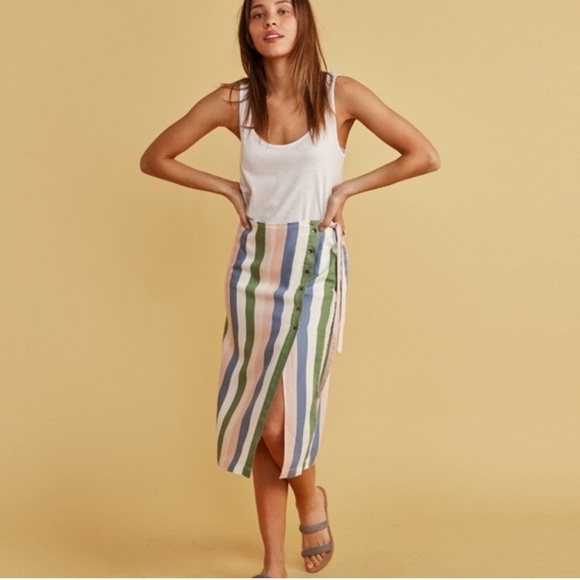 NWOT Marine Layer Layla Wrap Midi Skirt in Multi Stripe Tencel Sz XL - Picture 1 of 9